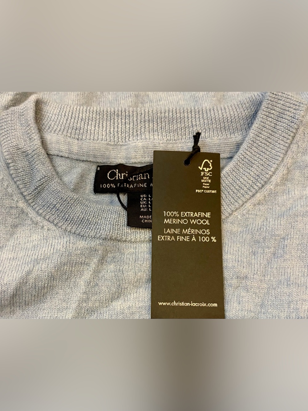 NWT CHRISTIAN LACROIX 100% Extra Fine Merino Wool Crewneck Sweater Slate/Blue